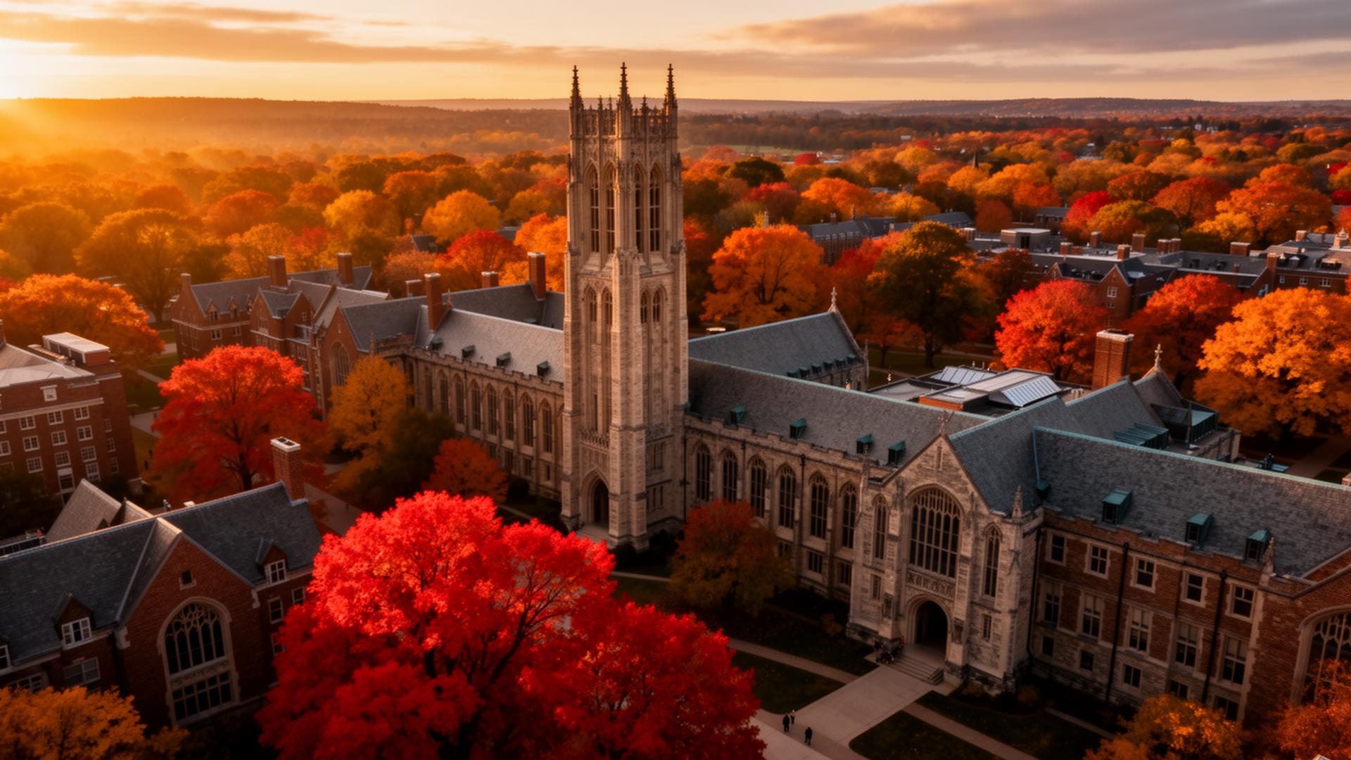 Cornell University campus at golden hour in autumn